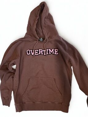 Rare Overtime Hoodie Brown with Pink Fuzzy Logo Men’s Size Medium